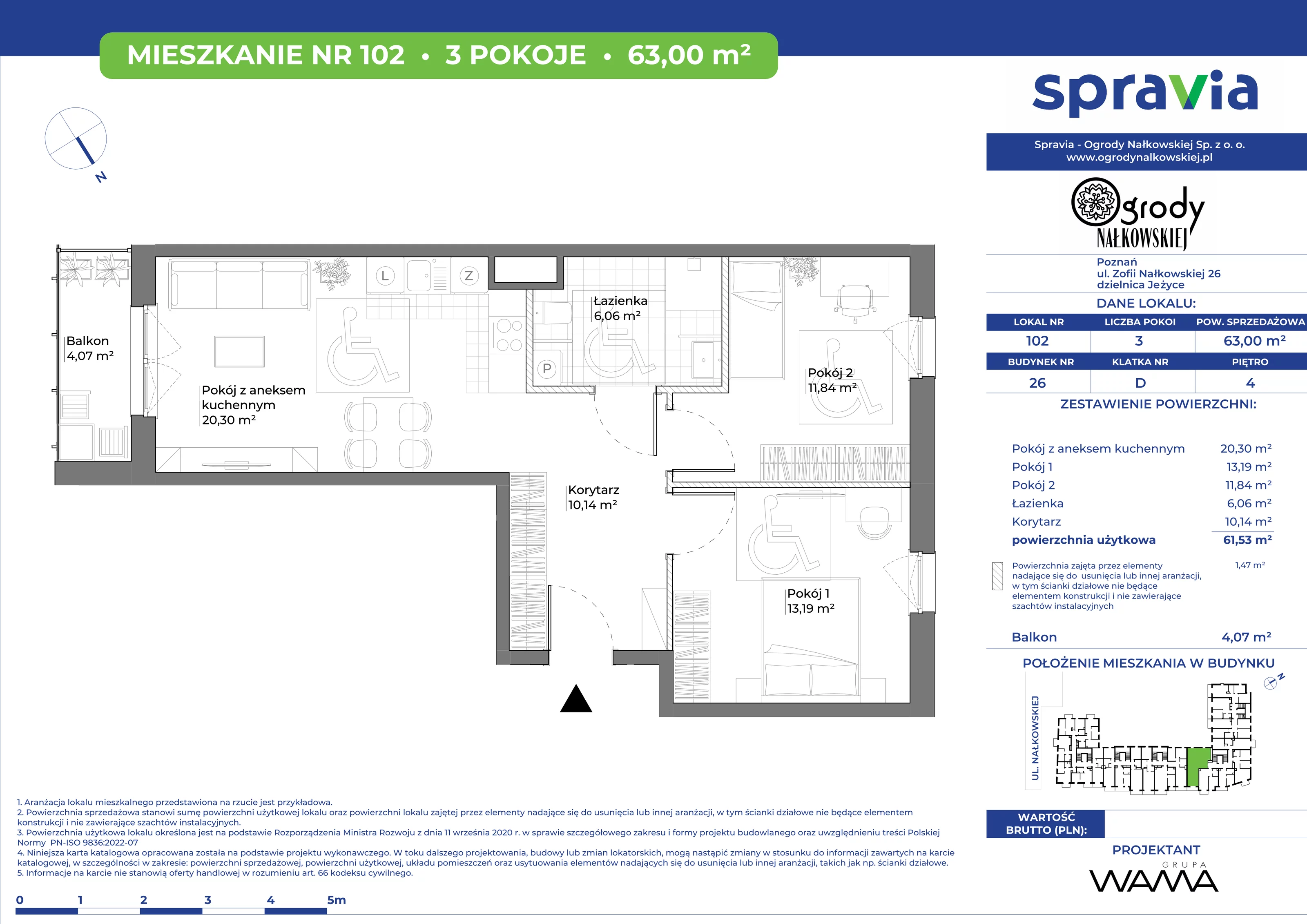 3 pokoje, mieszkanie 63,00 m², piętro 4, oferta nr 26-102, Ogrody Nałkowskiej, Poznań, Ogrody, ul. Nałkowskiej 24, 26